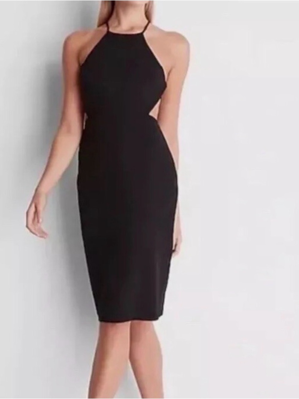 Express Black Halter Midi Dress with Side Cutouts